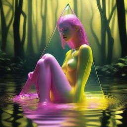 A high-resolution digital art image, rendered with the precision of a Reflex Nikon, portrays a young woman trapped within a glass pyramid filled with yellow water