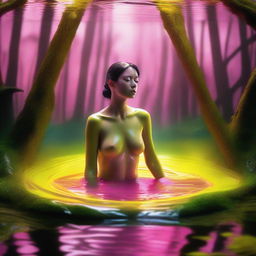 A high-resolution digital art image, rendered with the precision of a Reflex Nikon, portrays a young woman trapped within a glass pyramid filled with yellow water