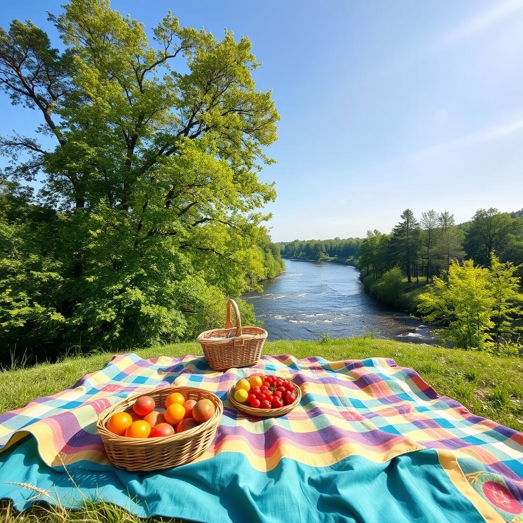A large, beautifully composed photo suitable for a social media story, featuring a serene nature scene with lush green trees, a clear blue sky, and a gentle flowing river