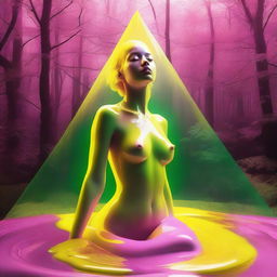 A high-resolution digital art image, rendered with the precision of a Reflex Nikon, portrays a young woman trapped within a glass pyramid filled with yellow water