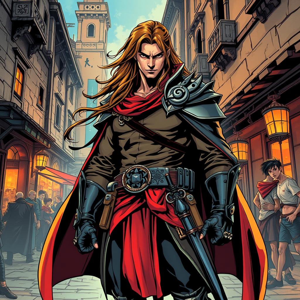 A captivating illustration inspired by 'The Scorpion' comics, featuring the main character, a charismatic anti-hero with long flowing hair and stylish 17th-century attire, including a dramatic cape and intricate armor details