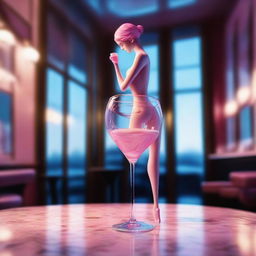 This high-resolution digital art image, captured with the precision of a Reflex Nikon, presents a miniature marble woman, positioned inside a cocktail glass