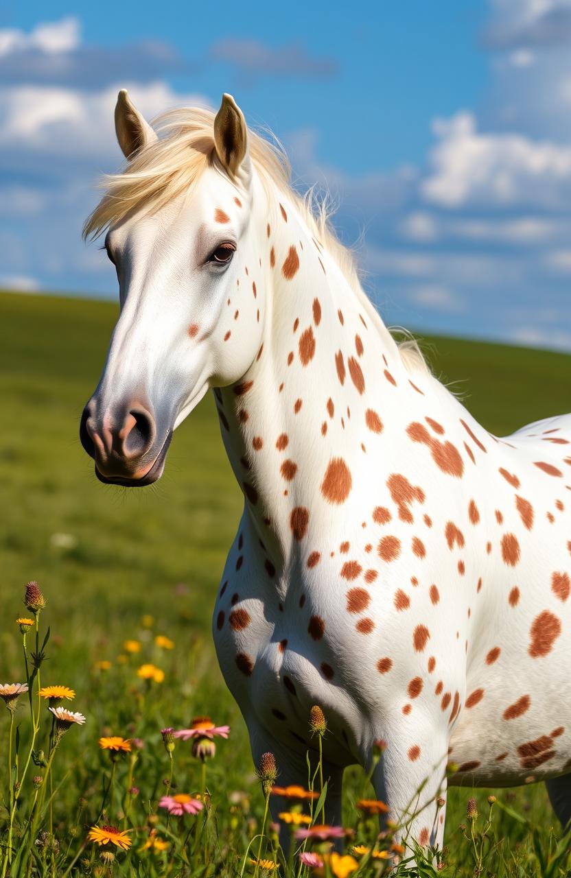 A stunning white Appaloosa horse adorned with an array of distinctive brown spots, showcasing its unique coat pattern and muscular physique