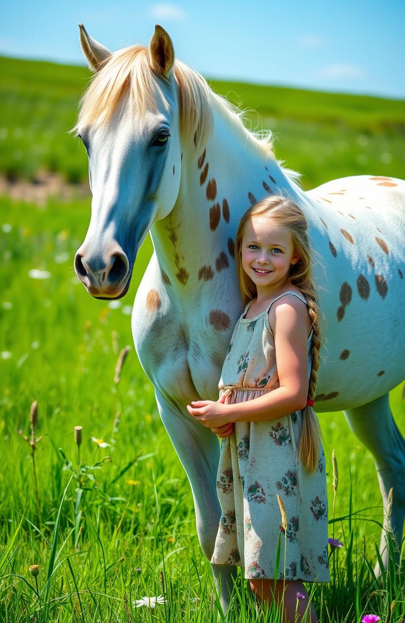 A white peacock Appaloosa horse adorned with a beautiful pattern of brown spots is standing majestically in a lush green meadow
