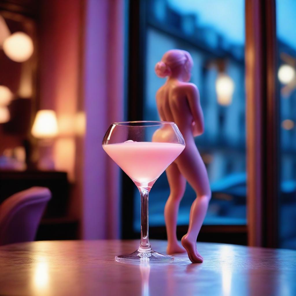 In this high-resolution digital art image, captured with the clarity of a Reflex Nikon, a miniature naked woman is delicately placed inside a cocktail glass