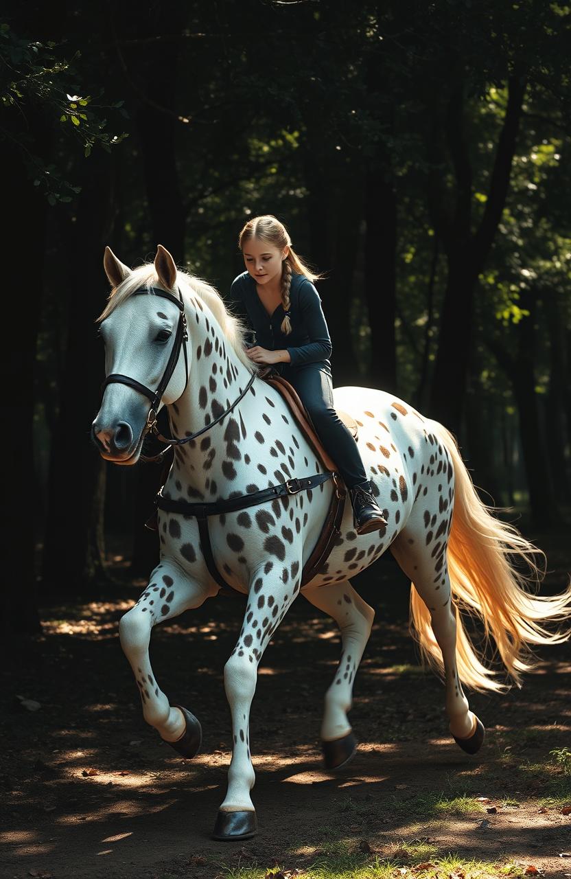A stunning peacock Appaloosa horse, predominantly white with an abundance of rich brown spots, galloping through a dark, enchanting forest