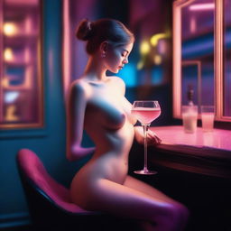 In this high-resolution digital art image, captured with the clarity of a Reflex Nikon, a miniature naked woman is delicately placed inside a cocktail glass