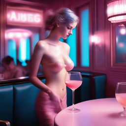 A high-resolution digital art image, captured with the precision of a Reflex Nikon, reveals a unique scene within a Parisian bistrot