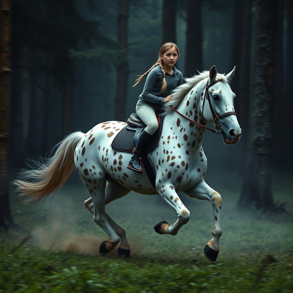 A stunning scene in a dark, foggy forest featuring a beautiful peacock Appaloosa horse, predominantly white with numerous expressive brown spots, galloping at high speed