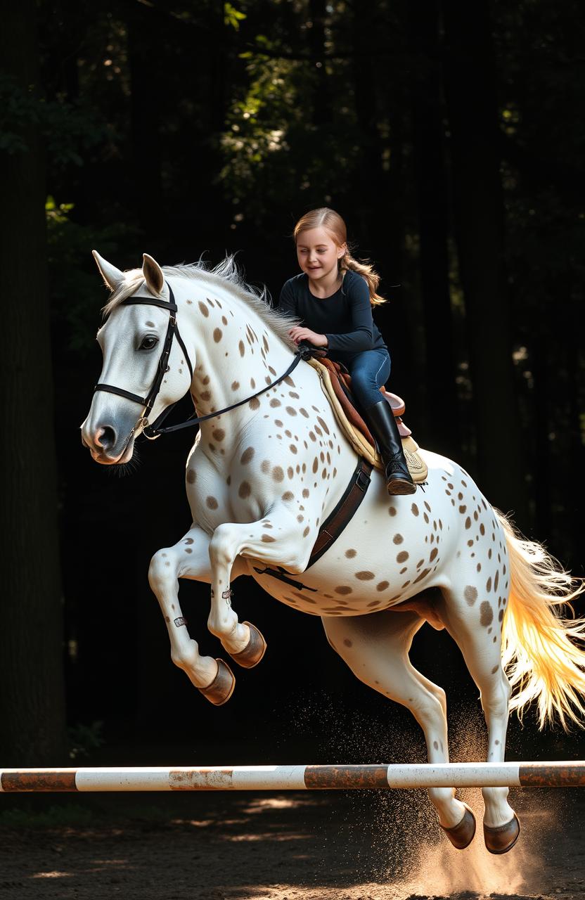 A beautiful peacock Appaloosa horse with a striking white coat adorned with numerous brown spots, energetically leaping through a dark, enchanting forest