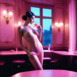 A high-resolution digital art image, captured with the precision of a Reflex Nikon, reveals a unique scene within a Parisian bistrot