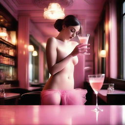 This high-resolution digital art image, shot with a Reflex Nikon, captures an intriguing scene inside a Parisian bistrot