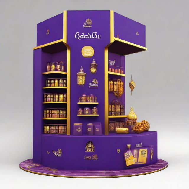 Design a Cadbury display stand inspired by Ramadan with dimensions 240x160x150 cm. Incorporate Islamic shapes, glass materials, soft lighting, and shelves adorned with Ramadan lanterns, creating a captivating haven for chocolate enthusiasts.