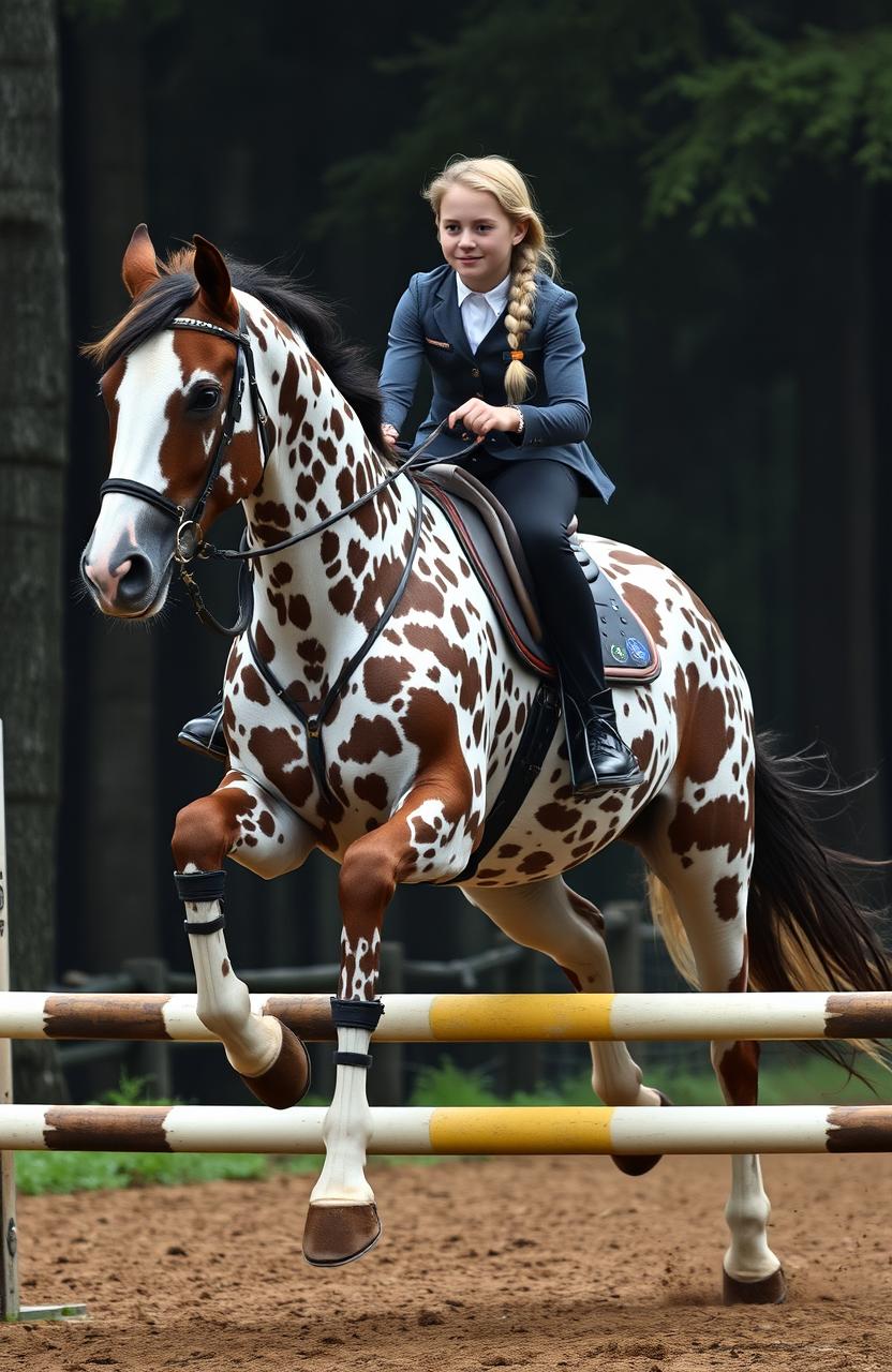 A stunning peacock Appaloosa horse with a predominantly white coat adorned with vibrant brown spots, galloping gracefully through a dark, mystical forest