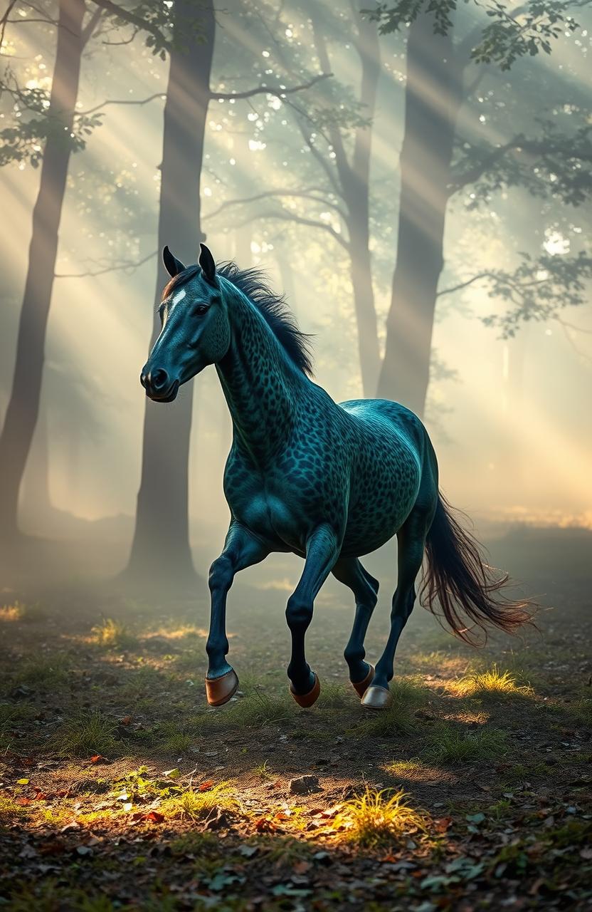 A stunning peacock Appaloosa horse galloping gracefully through a misty, fog-laden forest