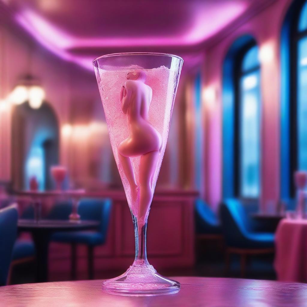 A high-resolution digital art image, captured with the precision of a Reflex Nikon, showcases a miniature wax figure of a young naked woman inside a giant cocktail glass