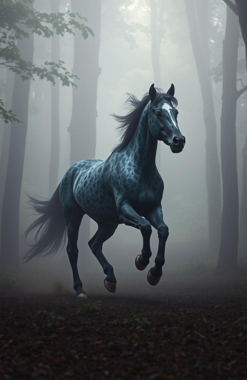 A stunning peacock Appaloosa horse galloping gracefully through a dense, foggy forest
