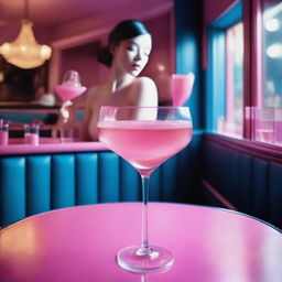 A high-resolution digital art image, captured with the precision of a Reflex Nikon, showcases a miniature wax figure of a young naked woman inside a giant cocktail glass