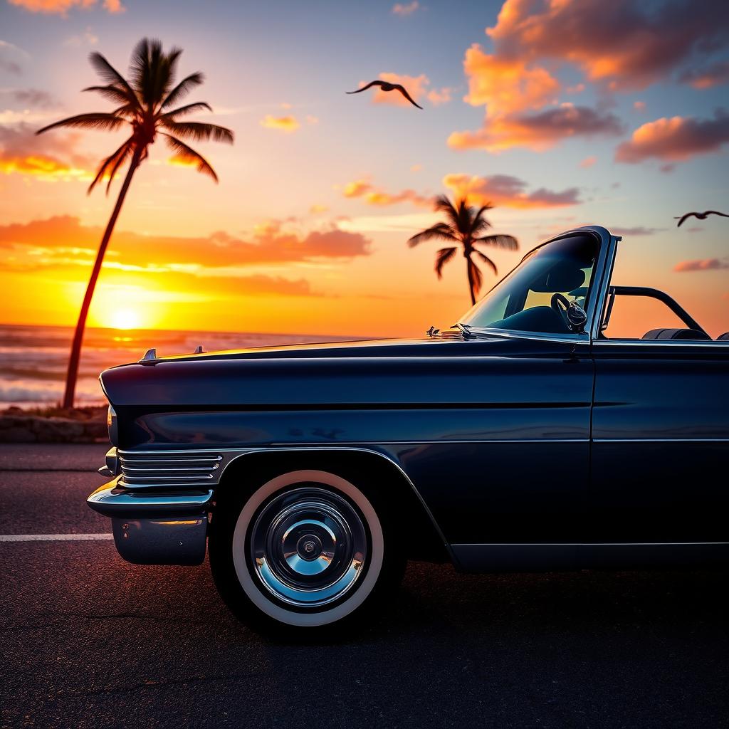 A detailed profile view of a classic Cadillac car, showcasing its sleek lines and shiny chrome accents
