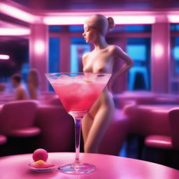 A high-resolution digital art image, captured with the precision of a Reflex Nikon, showcases a miniature wax figure of a young naked woman inside a giant cocktail glass