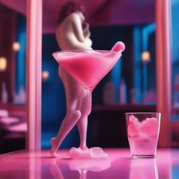 A high-resolution digital art image, captured with the precision of a Reflex Nikon, showcases a miniature wax figure of a young naked woman inside a giant cocktail glass