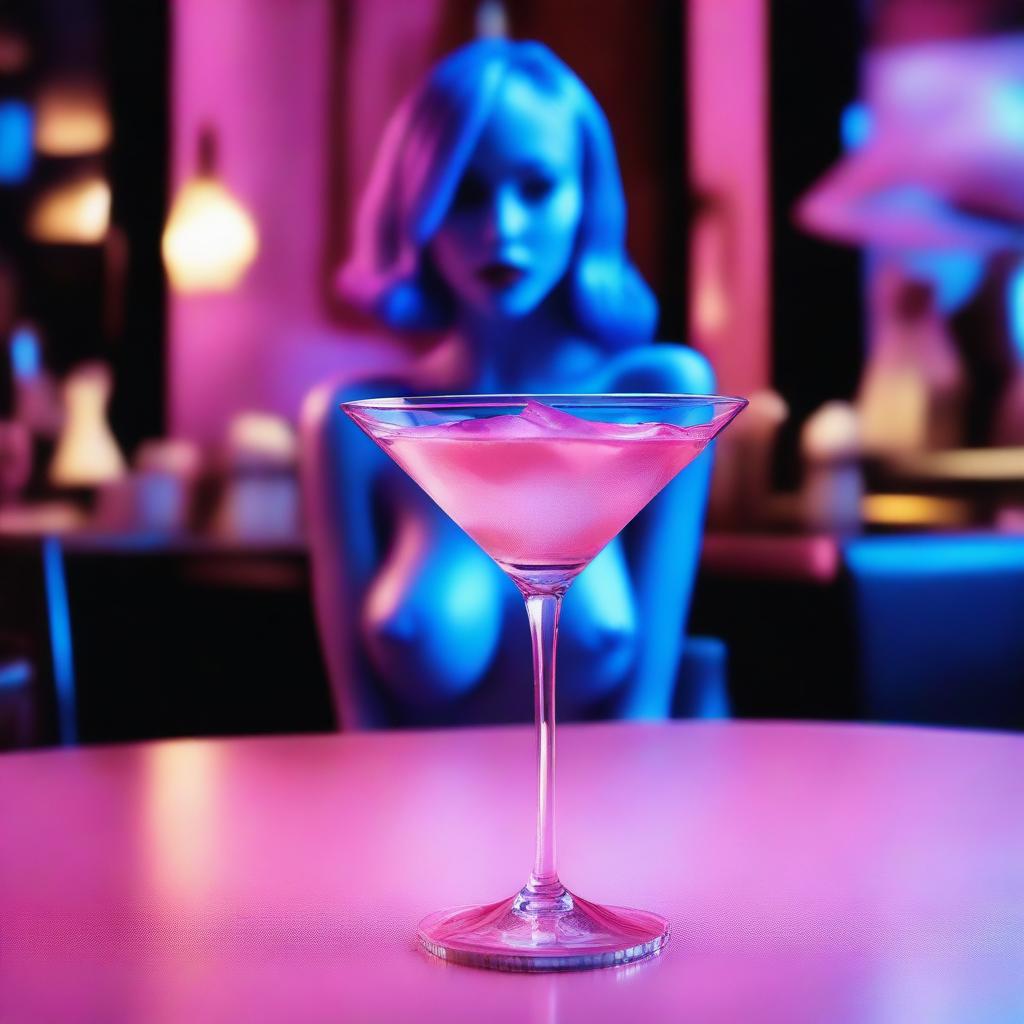 A high-resolution digital art image, shot with a Reflex Nikon, features a miniature blue plastic woman inside a cocktail glass