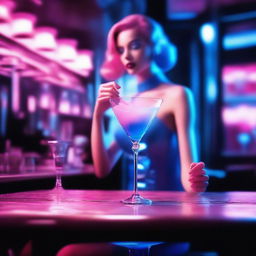 A high-resolution digital art image, shot with a Reflex Nikon, features a miniature blue plastic woman inside a cocktail glass