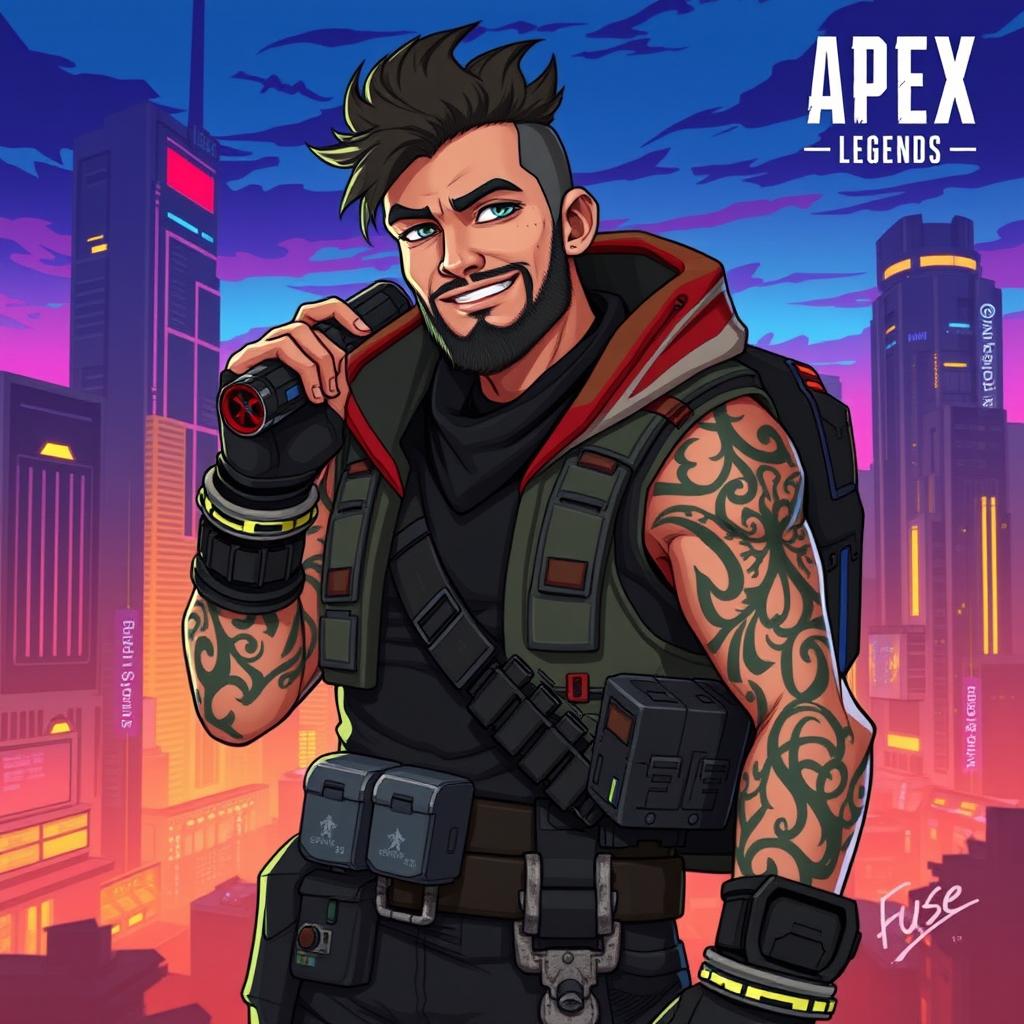 A character design of Fuse from Apex Legends, depicted with his signature rugged appearance, adorned with tattoos and wearing a stylish, battle-worn outfit combining military and trendy elements