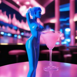 A high-resolution digital art image, shot with a Reflex Nikon, features a miniature blue plastic woman inside a cocktail glass