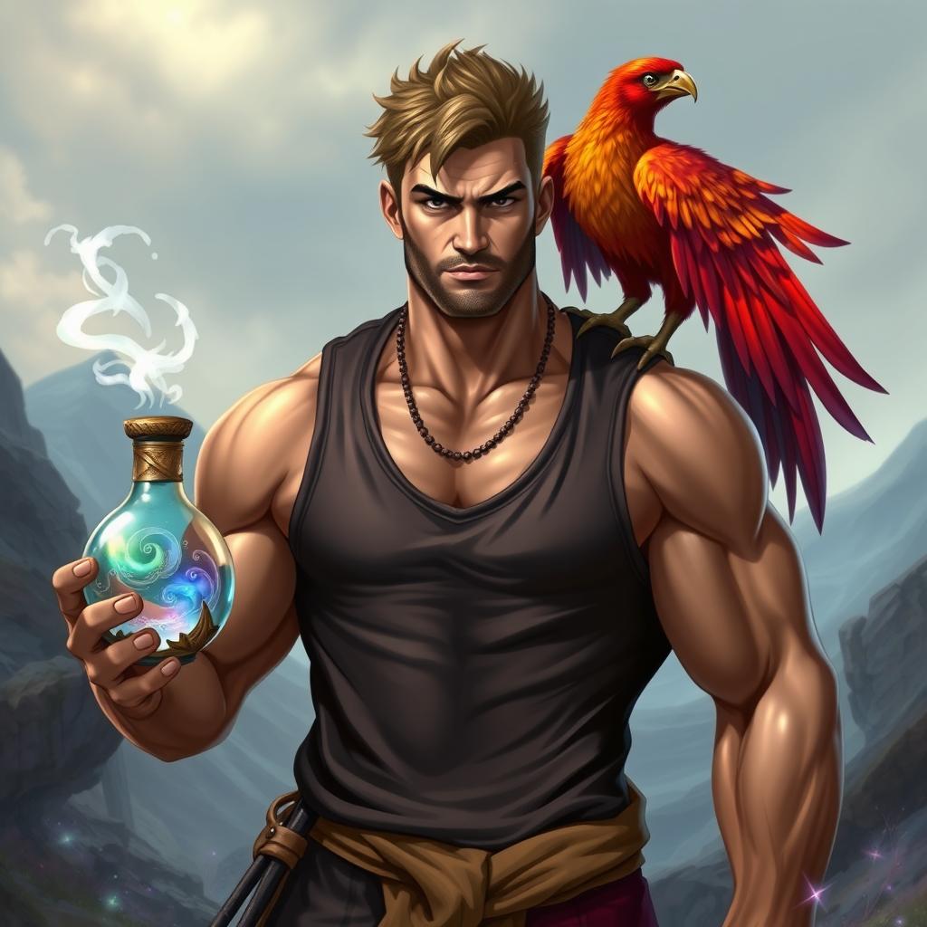 A powerful mage with well-defined muscles wearing a stylish tank top, showcasing his athletic build
