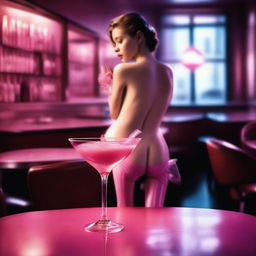 In this high-resolution digital art image, taken with a Reflex Nikon, a miniature young woman is seen inside a cocktail glass