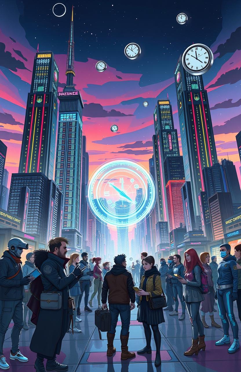 Create an illustration for a sci-fi webnovel about time paradoxes, featuring a futuristic city with towering neon skyscrapers reflecting a holographic time vortex in the center