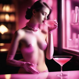 In this high-resolution digital art image, taken with a Reflex Nikon, a miniature young woman is seen inside a cocktail glass