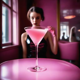 In this high-resolution digital art image, taken with a Reflex Nikon, a miniature young woman is seen inside a cocktail glass