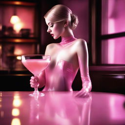 In this high-resolution digital art image, taken with a Reflex Nikon, a miniature young woman is seen inside a cocktail glass