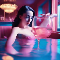 This high-resolution digital art image, captured with a Reflex Nikon, presents a young woman swimming inside a cocktail glass