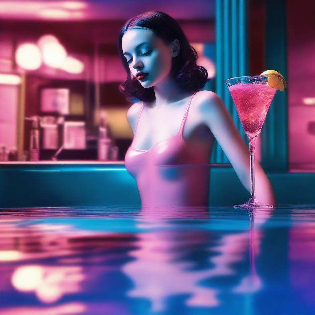 This high-resolution digital art image, captured with a Reflex Nikon, presents a young woman swimming inside a cocktail glass