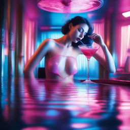 This high-resolution digital art image, captured with a Reflex Nikon, presents a young woman swimming inside a cocktail glass