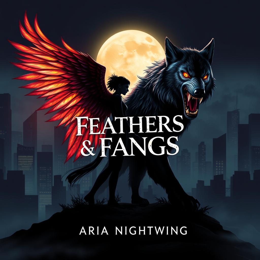 A captivating book cover design for 'Feathers & Fangs' by Aria Nightwing