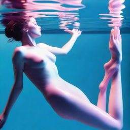 This high-resolution digital art image, captured with the precision of a Reflex Nikon, showcases a young woman swimming underwater