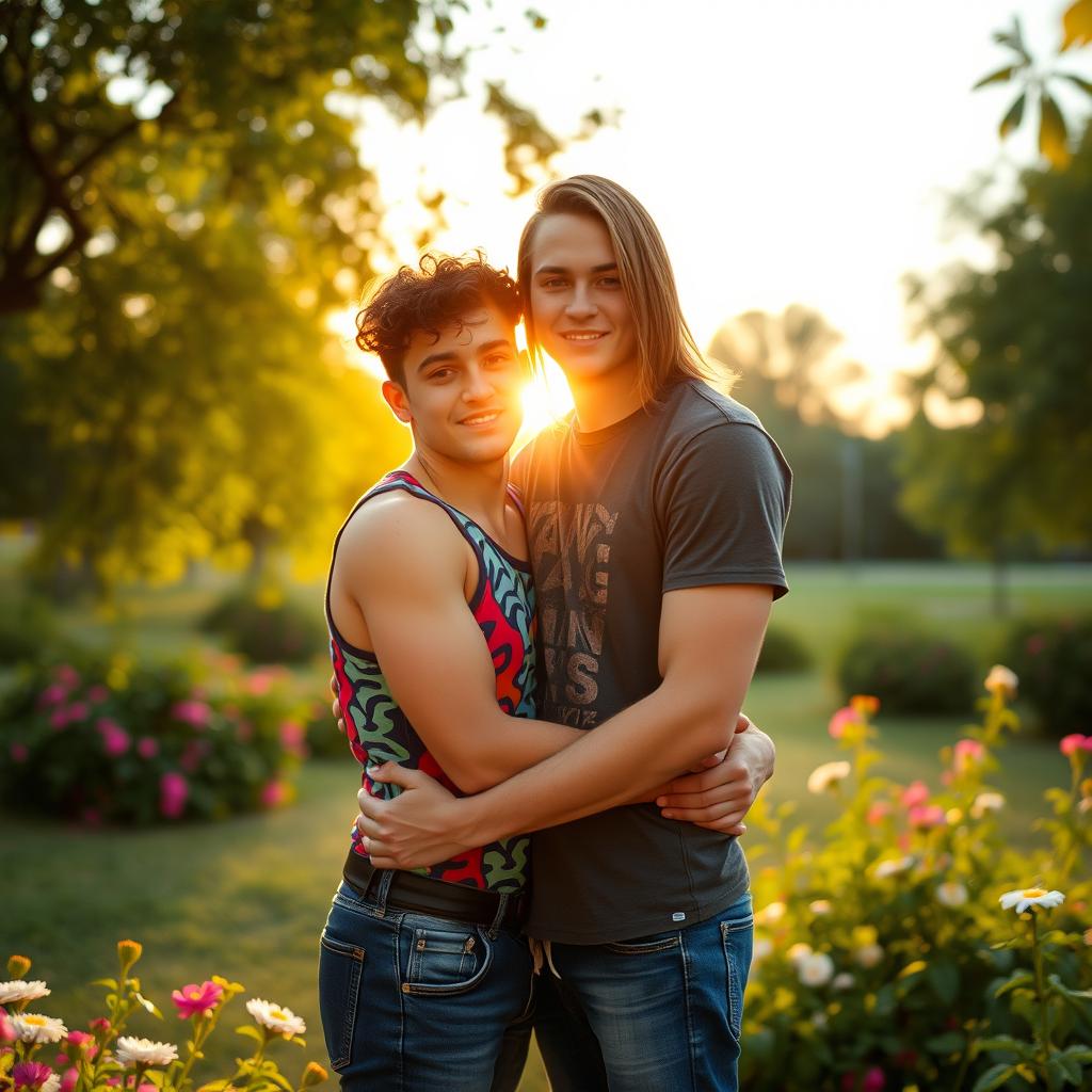 A vibrant scene capturing the essence of young love between two gay men