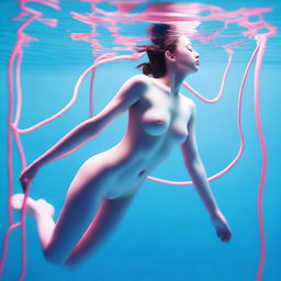 This high-resolution digital art image, captured with the precision of a Reflex Nikon, presents a young woman swimming underwater in various poses