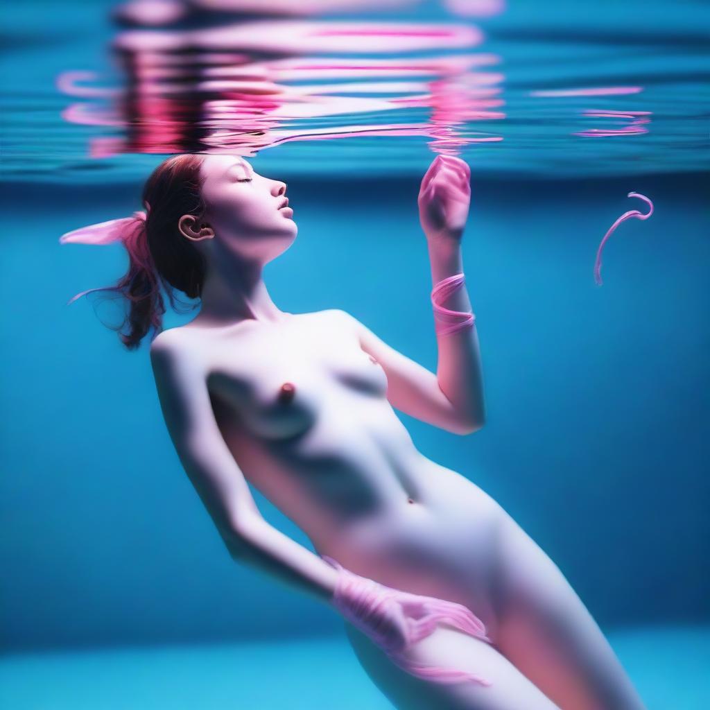 This high-resolution digital art image, captured with the precision of a Reflex Nikon, presents a young woman swimming underwater in various poses