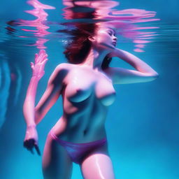 A high-resolution digital art image, captured with the precision of a Reflex Nikon, showcases a young woman swimming underwater