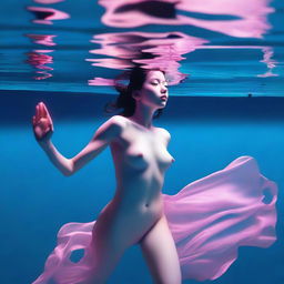 A high-resolution digital art image, captured with the precision of a Reflex Nikon, showcases a young woman swimming underwater