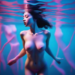 A high-resolution digital art image, captured with the precision of a Reflex Nikon, showcases a young woman swimming underwater