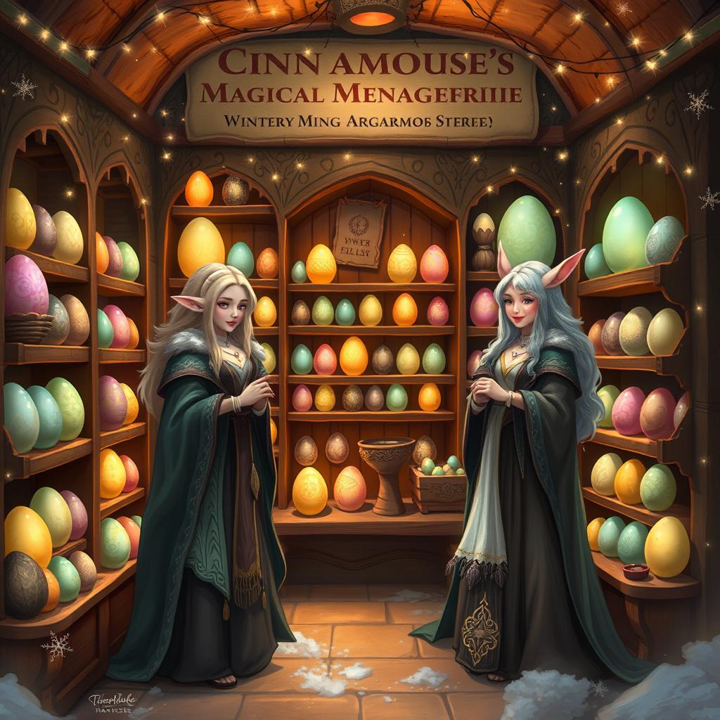 A cozy fantasy magic shop named Cinnamouse's Magical Menagerie Store, owned by two Winter Eladrin named Cinnamon and Sugarmouse