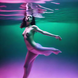 This high-resolution digital art image, captured with a Reflex Nikon, presents a young woman swimming underwater