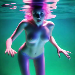 This high-resolution digital art image, captured with a Reflex Nikon, presents a young woman swimming underwater