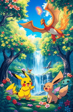 A vibrant and dynamic scene depicting a variety of Pokémon in an enchanting forest setting